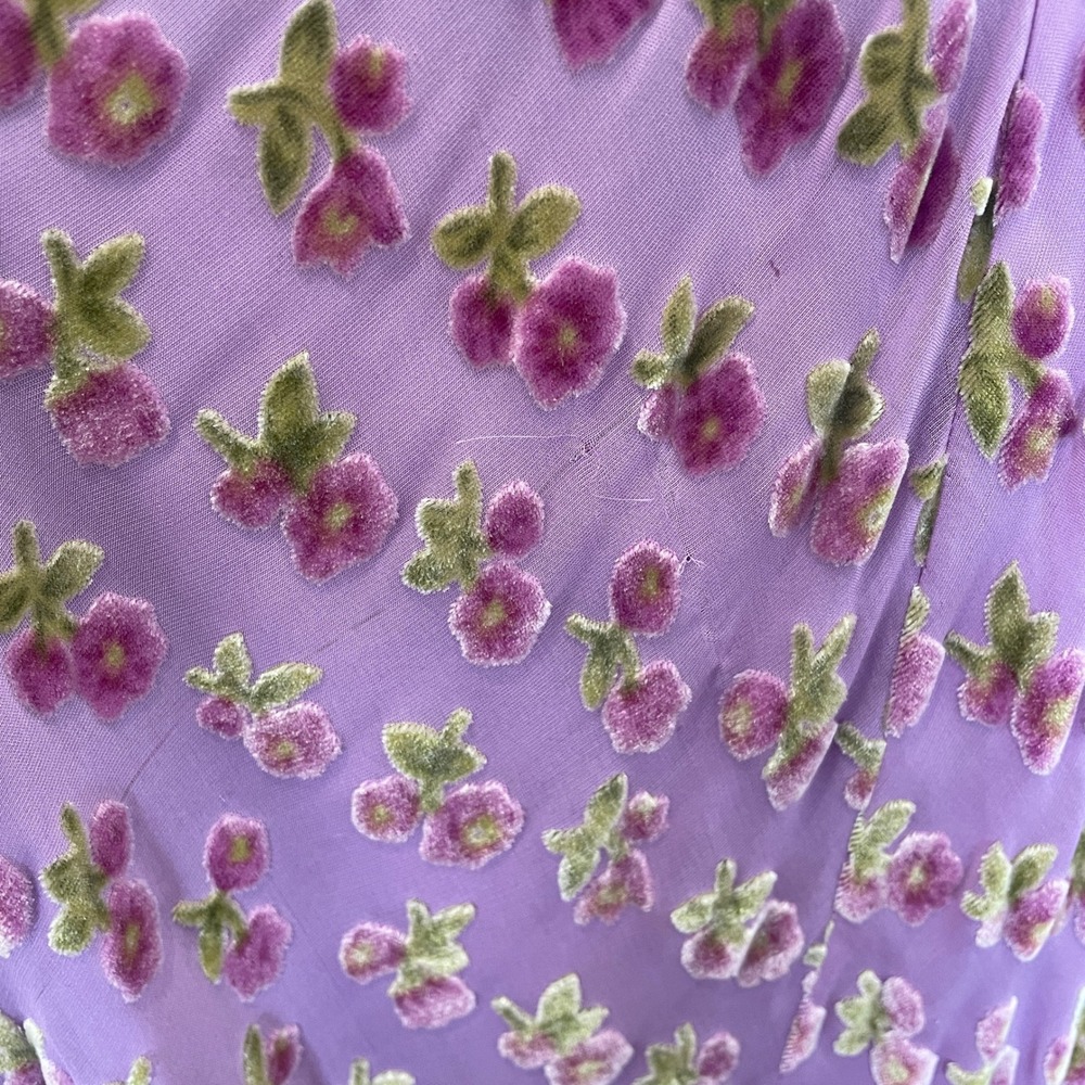 Betsey Johnson Y2K Vintage Dress Black Label Lilac Velvet Floral Silk Fringe M - Picture 11 of 12